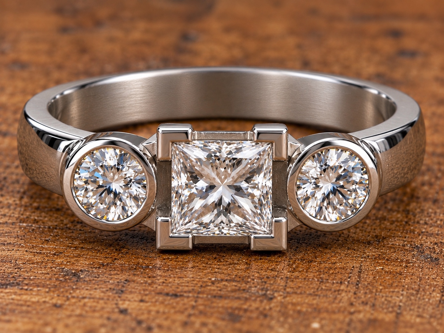 Princess cut diamond with two round diamonds in a precise three stone setting